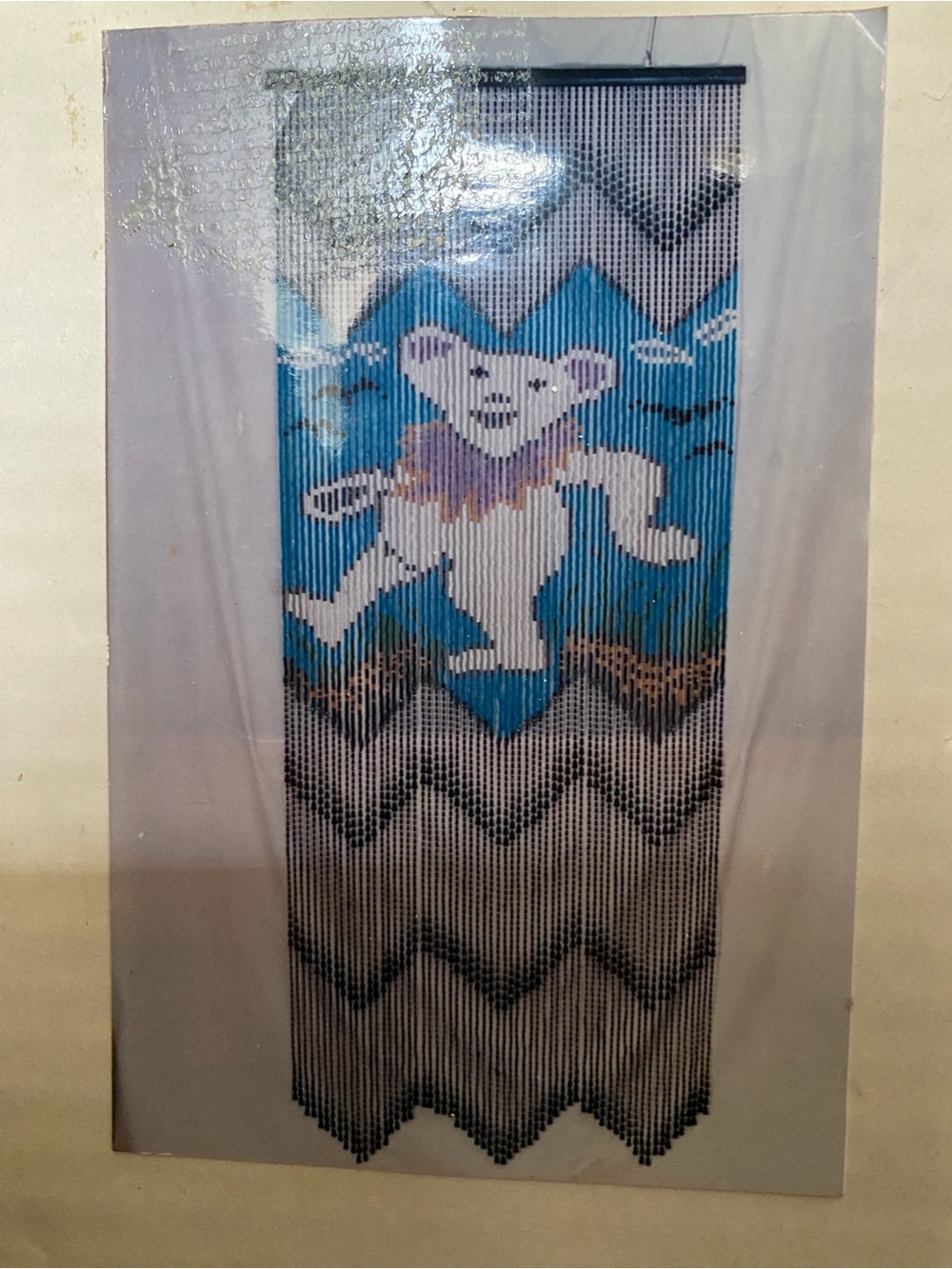 Grateful Dead Beaded Bear Curtain Panel in Blue and White - Home Wall Decor